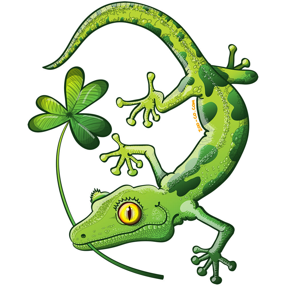 Saint Patrick's Day gecko holding a shamrock