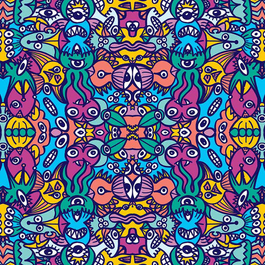 Whimsical pattern full of multicolor alien critters