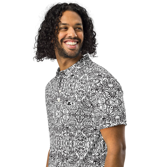 Brush Style Doodle Critters Men’s Slim Fit Polo. Left front view
