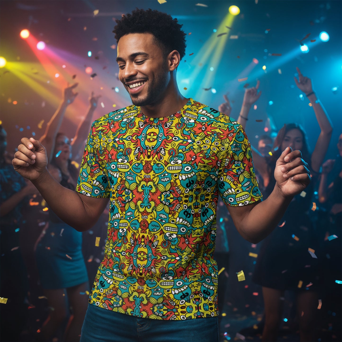 Doodle Dreamscape Cosmic Critter Carnival. Men's All-over print T-shirt. Dancing man