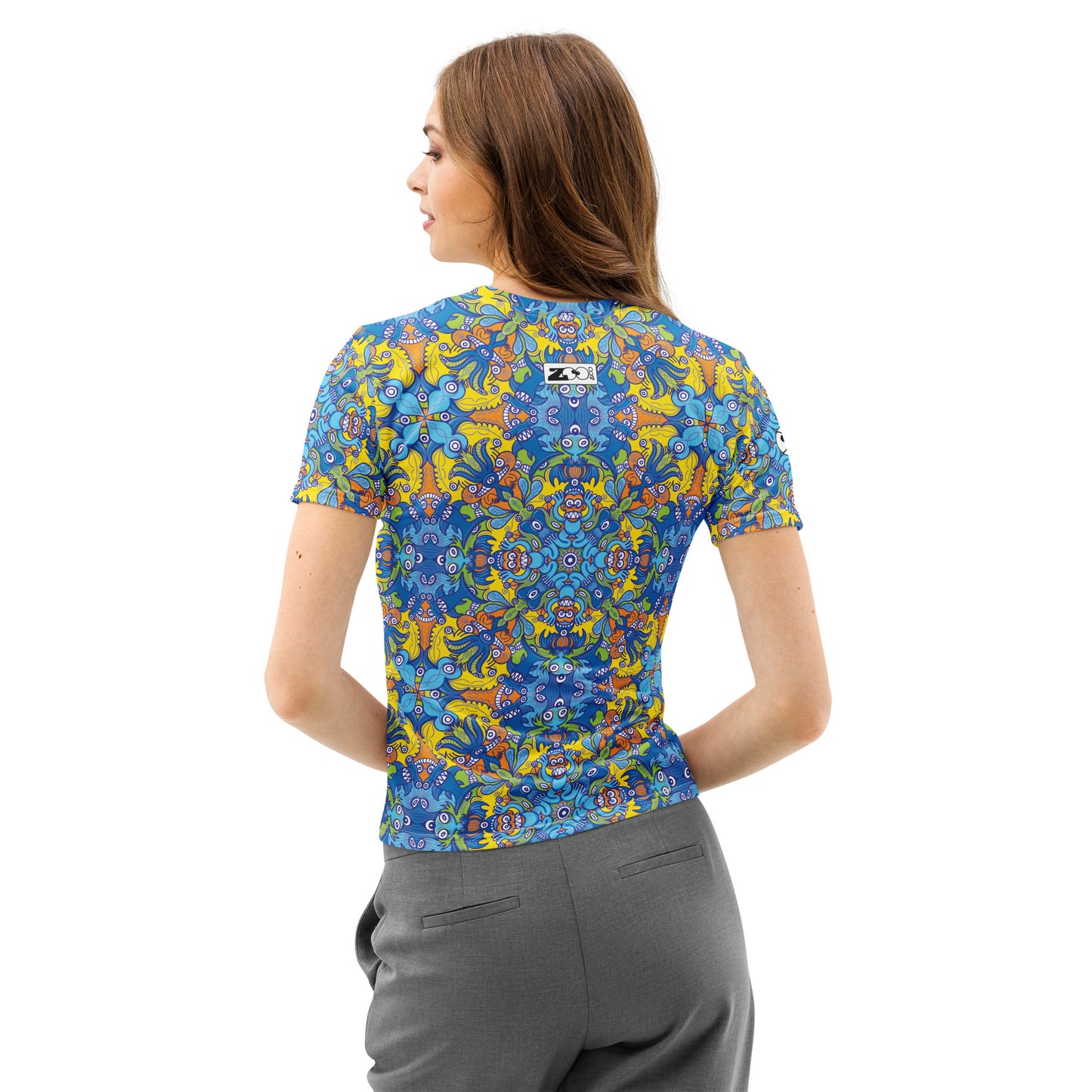 Wise Monkeys: From Chaos to Mandala Women's cotton t-shirt. lifestyle back view