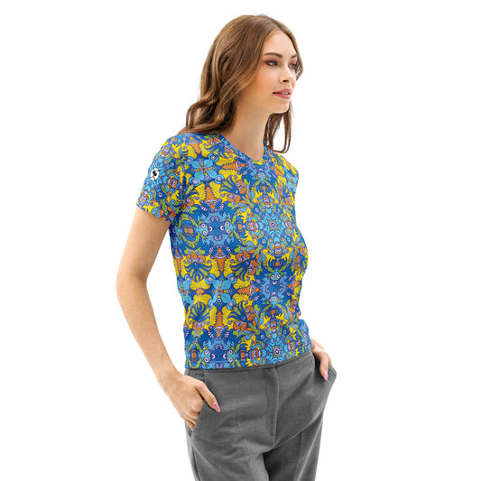 Wise Monkeys: From Chaos to Mandala Women's cotton t-shirt. Right front view