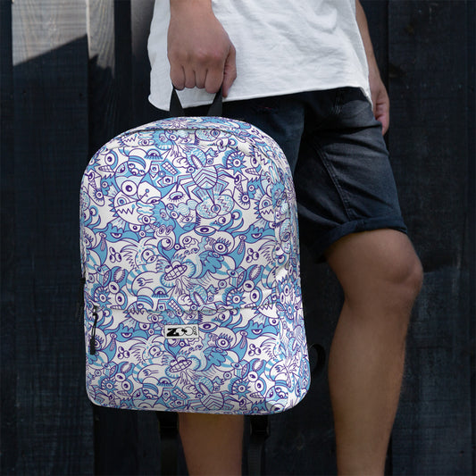 Whimsical Blue Doodle Critterscape pattern design Backpack. Overview
