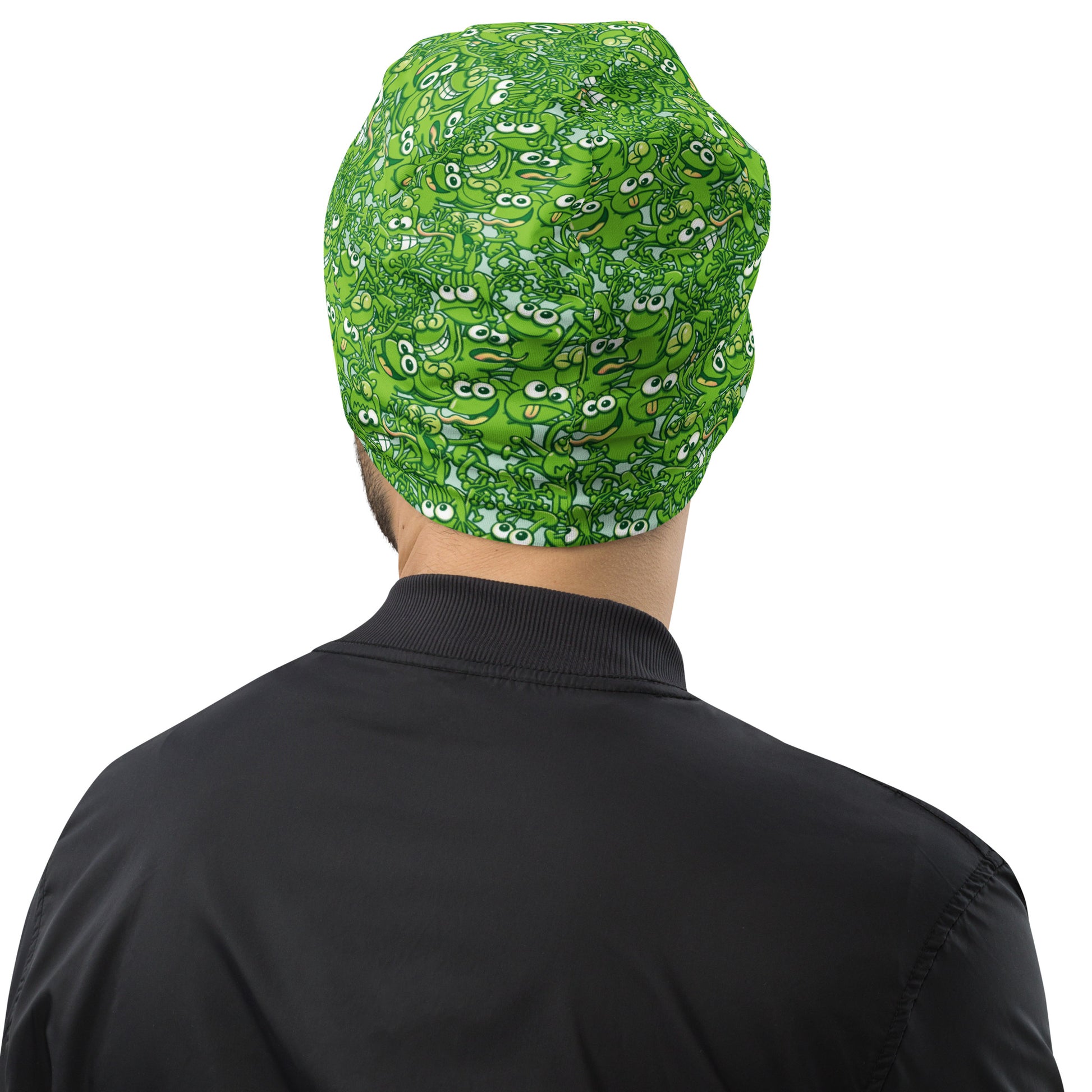 A tangled army of happy green frogs appears when the rain stops All-Over Print Beanie. Back view