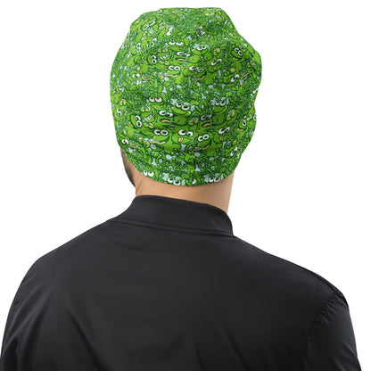 A tangled army of happy green frogs appears when the rain stops All-Over Print Beanie. Back view