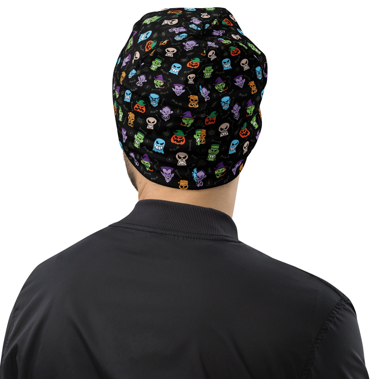 Scary Halloween faces All-Over Print Beanie. Back view