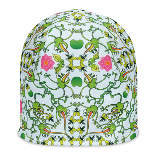 Funny frogs hunting flies All-Over Print Beanie. Product details