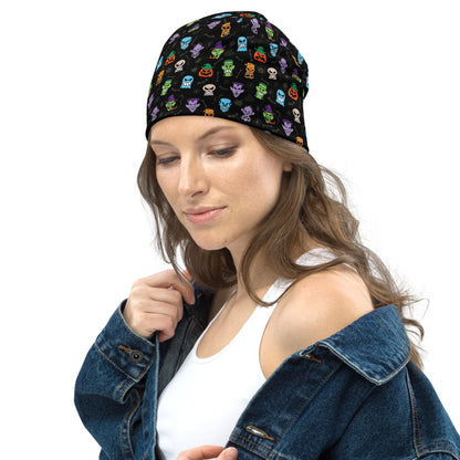 Scary Halloween faces All-Over Print Beanie. Lifestyle
