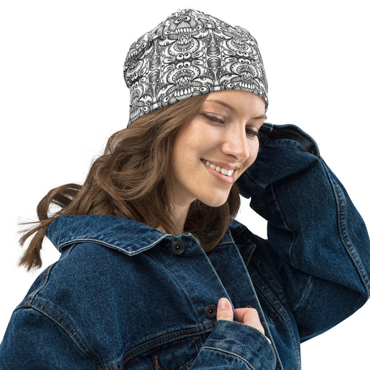 Official pic of the monsters annual convention All-Over Print Beanie. Lifestyle