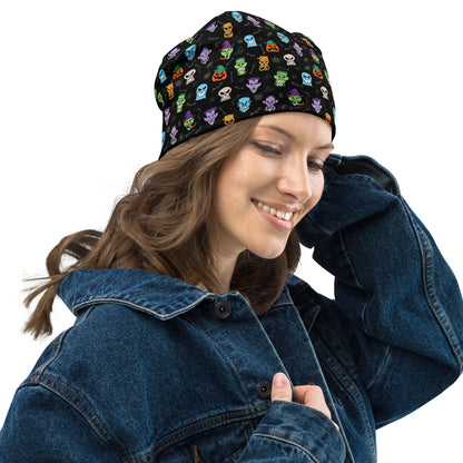 Scary Halloween faces All-Over Print Beanie. Side view