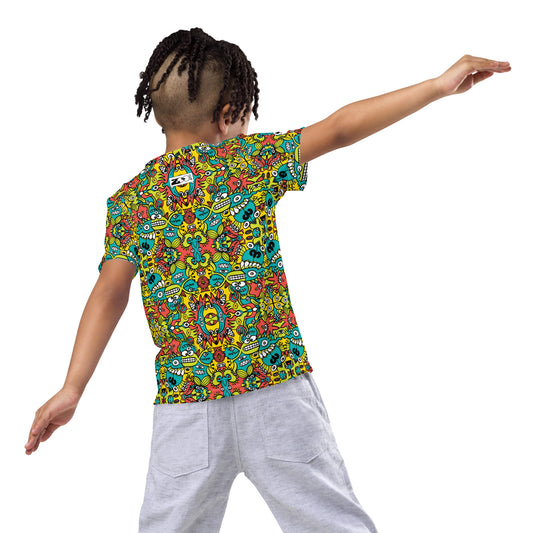 Doodle Dreamscape: Cosmic Critter Carnival - Kids crew neck t-shirt. Back view