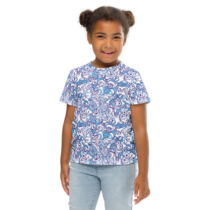 Whimsical Blue Doodle Critterscape pattern design - Kids crew neck t-shirt. Front view