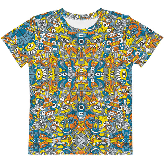 Retro robots doodle art Kids crew neck t-shirt. Front view