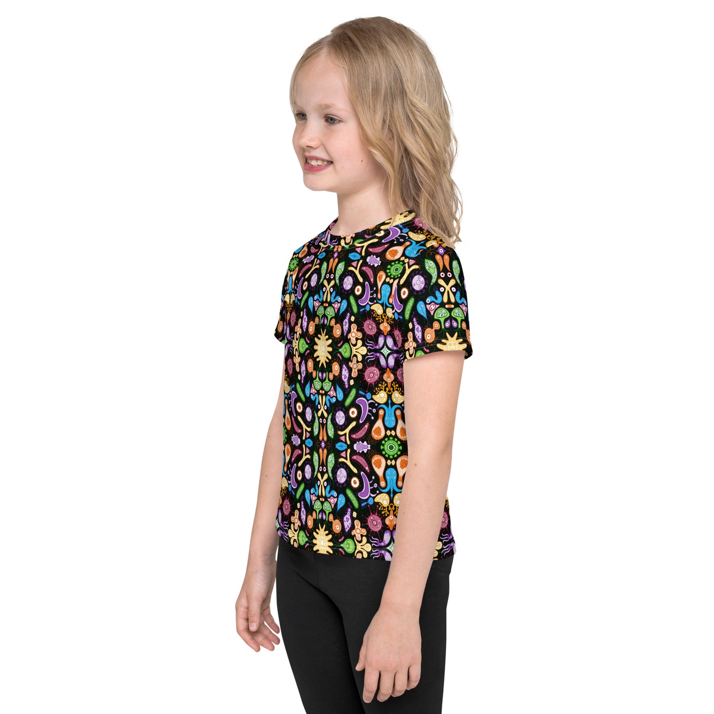 Don't be afraid of microorganisms Kids crew neck t-shirt. Side view