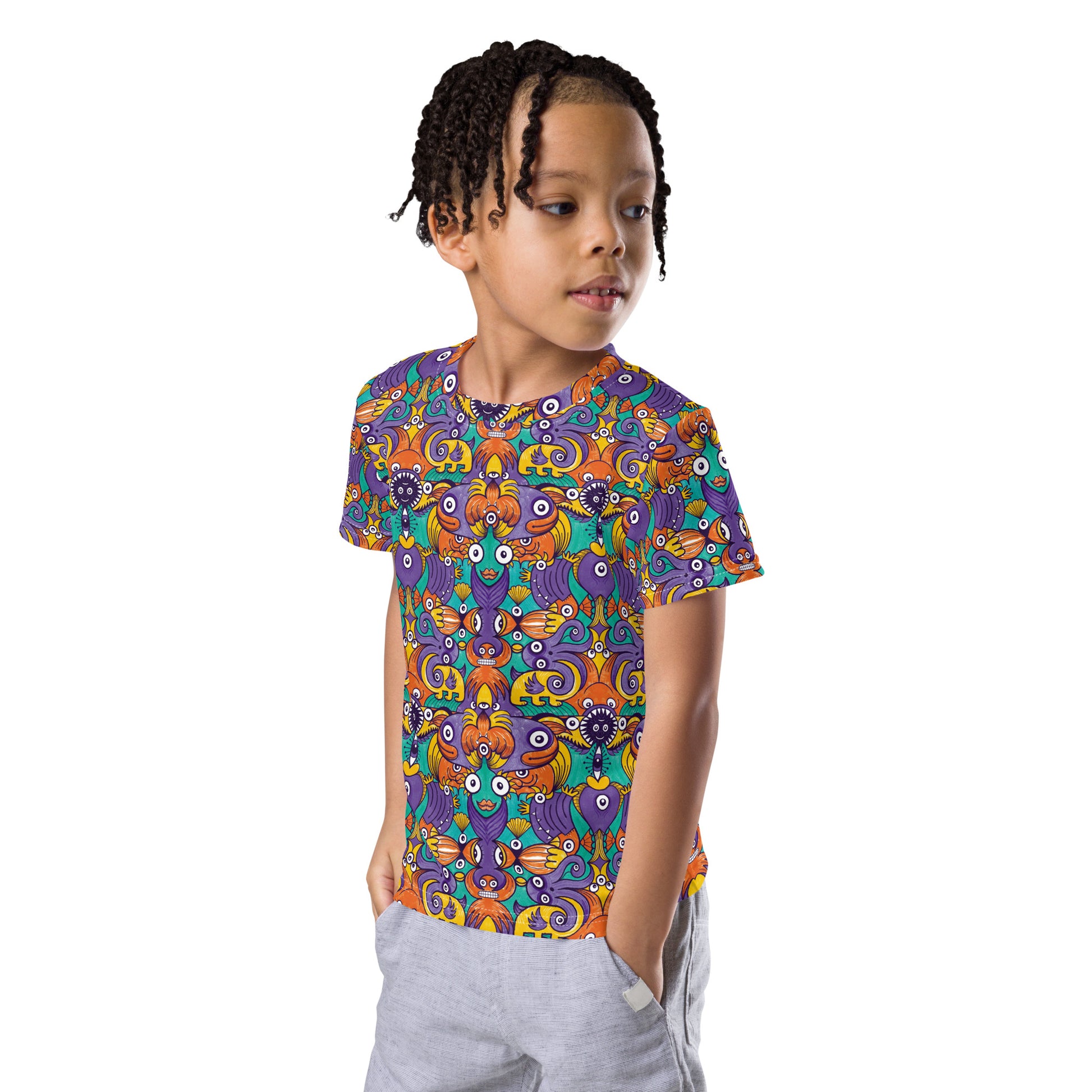 Dive into Whimsical Waters: An Undersea Odyssey - Kids crew neck t-shirt. Left side view