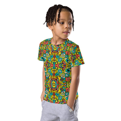 Doodle Dreamscape: Cosmic Critter Carnival - Kids crew neck t-shirt. Lifestyle