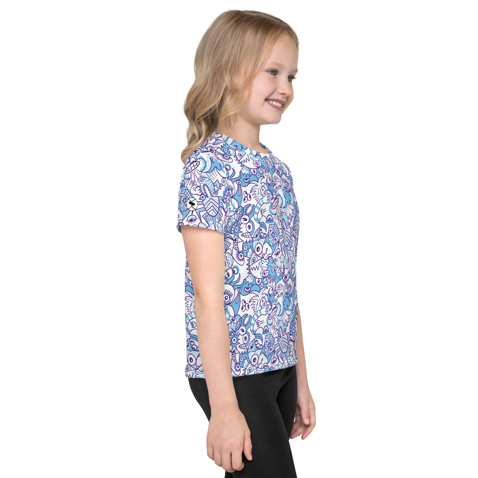 Whimsical Blue Doodle Critterscape pattern design - Kids crew neck t-shirt. Side view