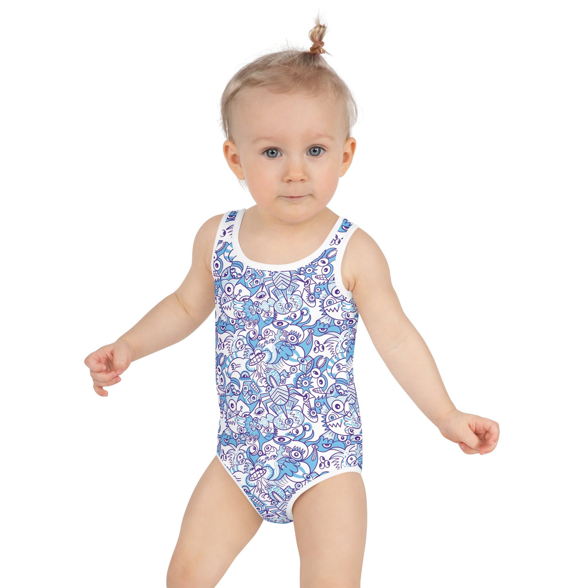 Whimsical Blue Doodle Critterscape pattern design All-Over Print Kids Swimsuit. Baby size