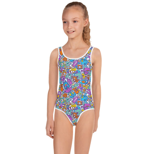 Funny multicolor doodle world All-Over Print Kids Swimsuit. Front view