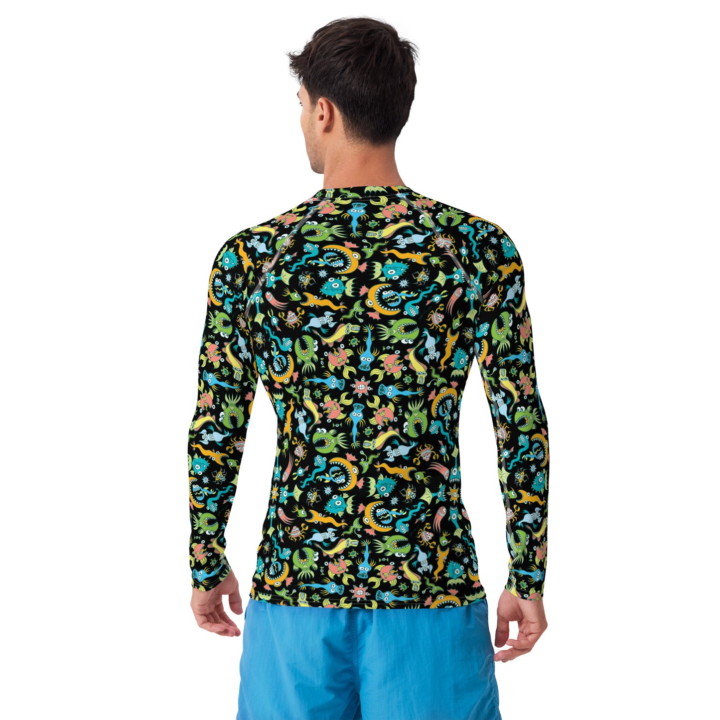 Sea creatures pattern design Men's Rash Guard. Lifestyle. Back view