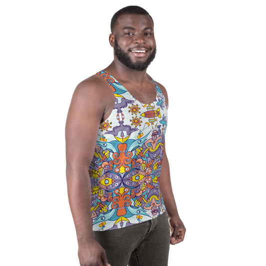 Ready for adventure this summer? Unisex Tank Top. Side view