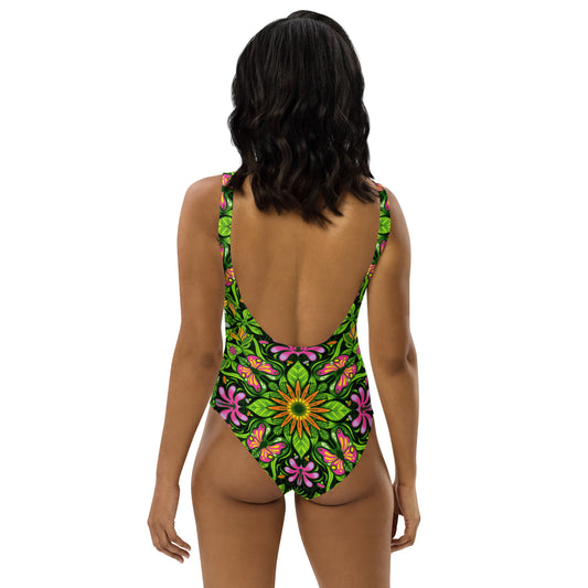 Magical garden full of flowers and insects One-Piece Swimsuit. Back view