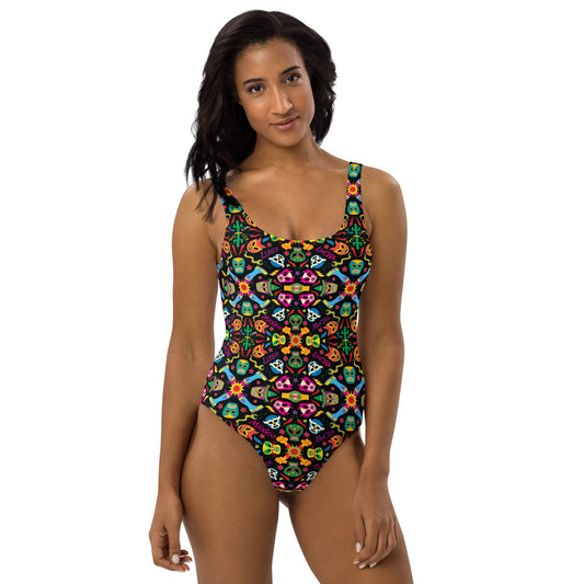 Mexican wrestling colorful party One-Piece Swimsuit. Front view