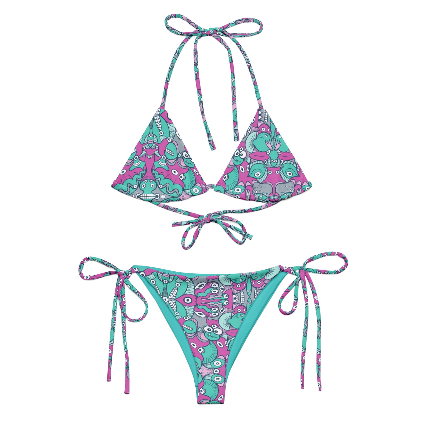 Sea creatures from an alien world All-over print recycled string bikini. Overview