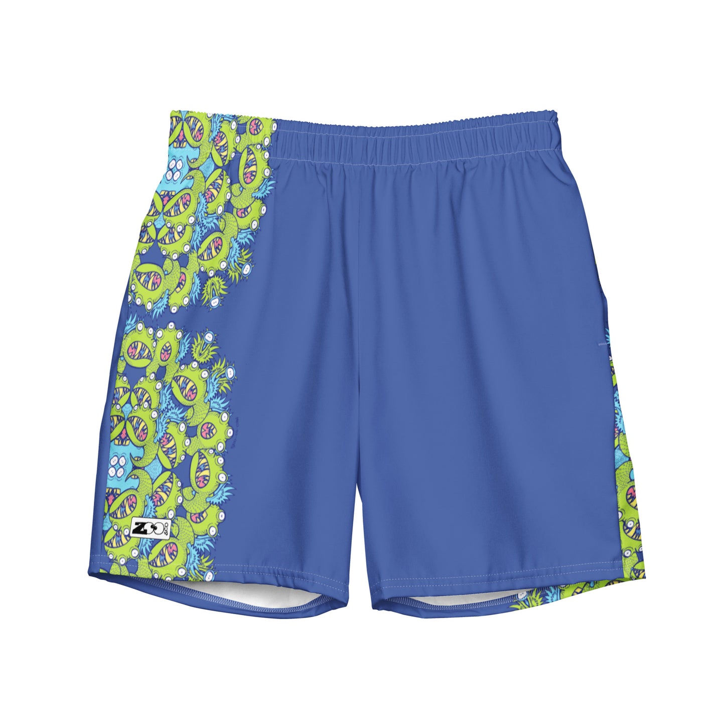 Winged little blue monster pattern art Men's swim trunks. Flat view