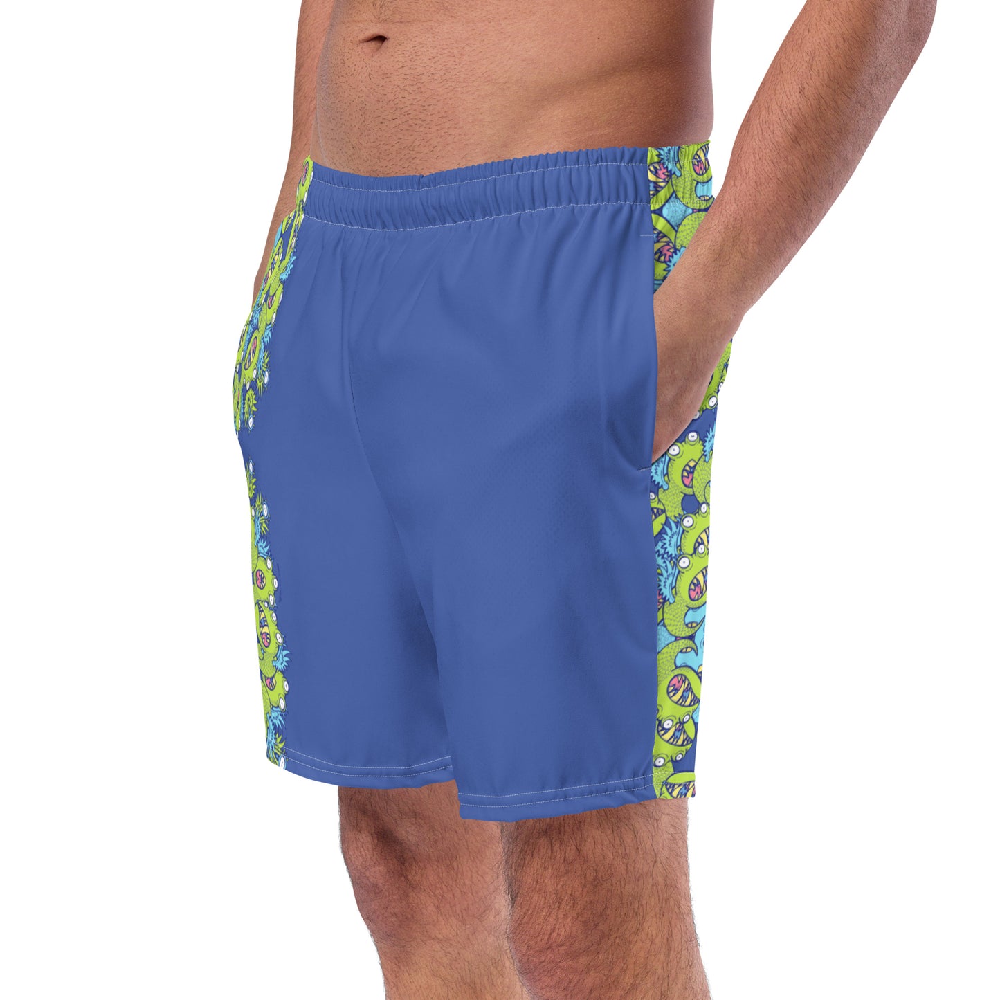 Winged little blue monster pattern art Men's swim trunks. Front view