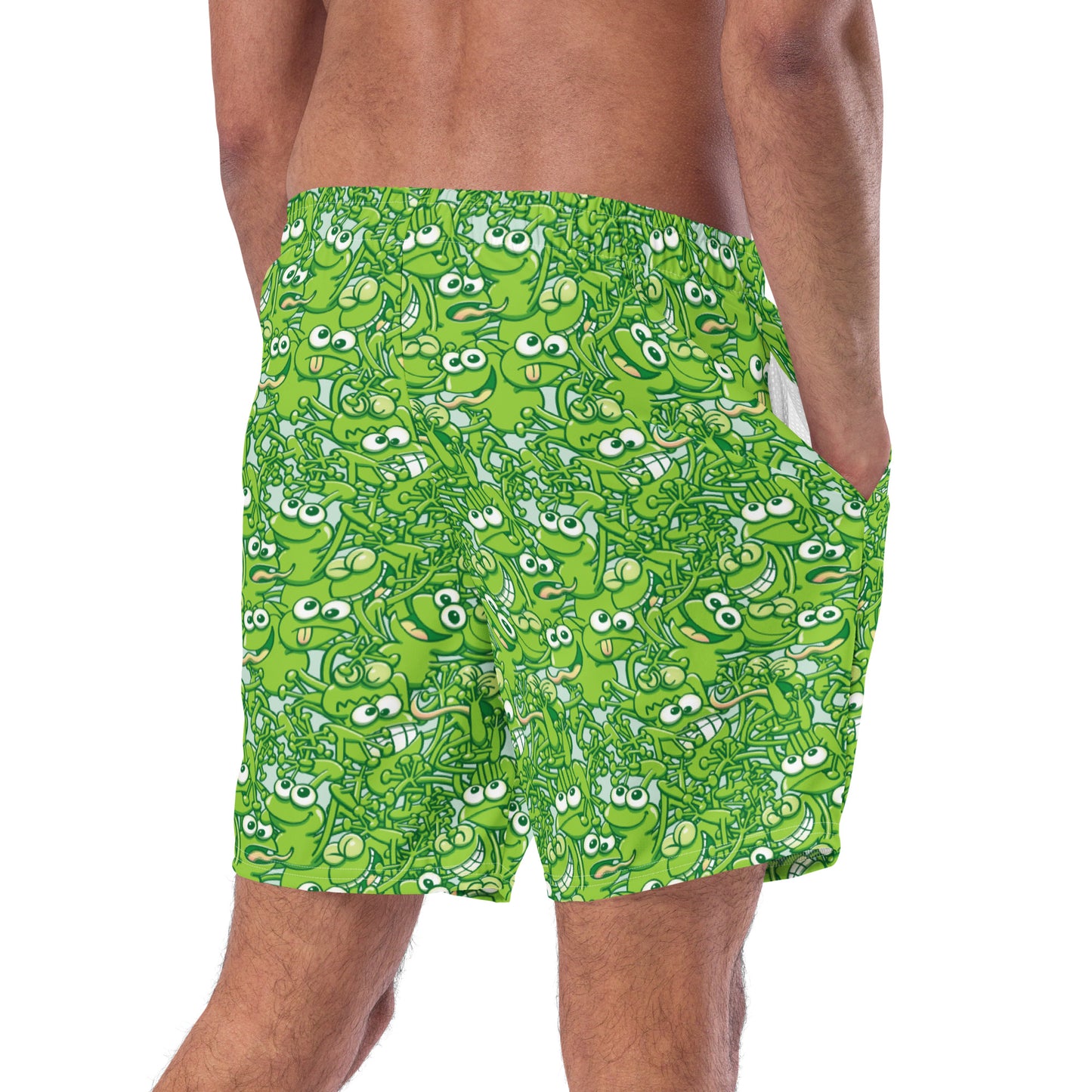 A tangled army of happy green frogs appears when the rain stops Men's swim trunks