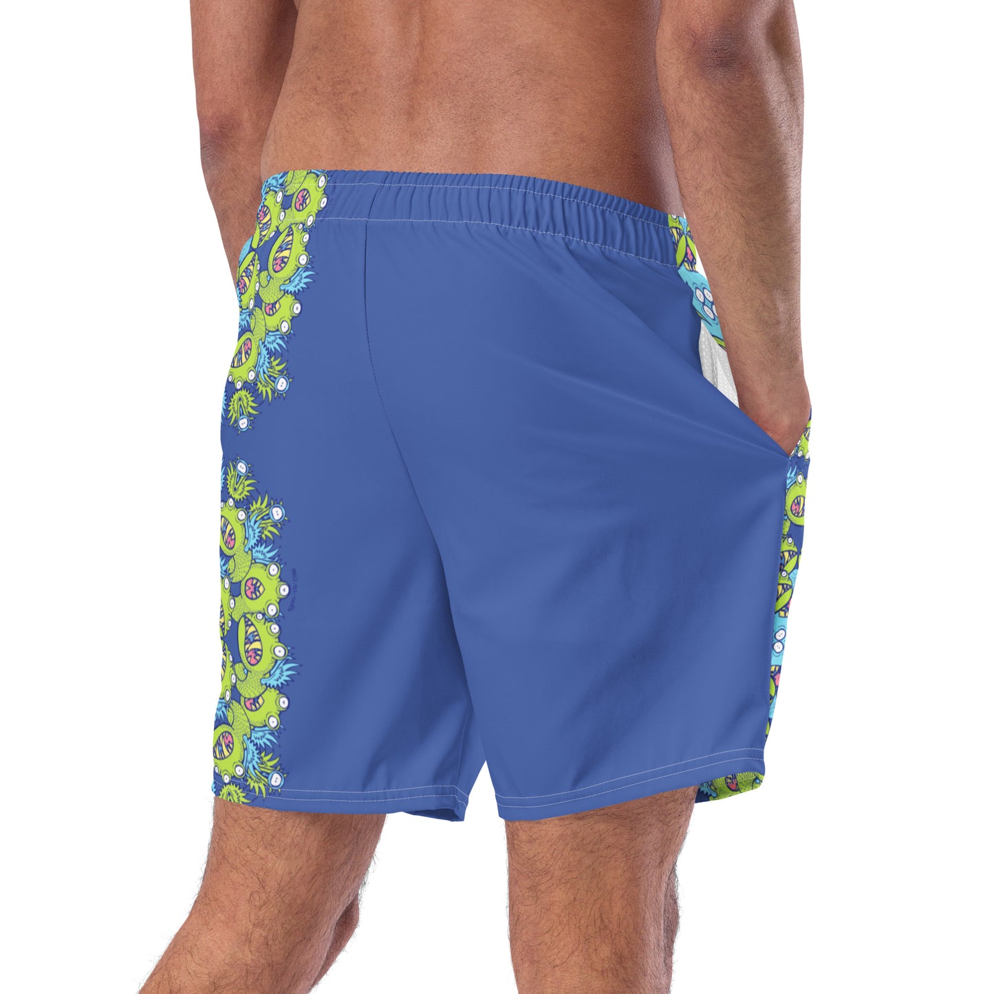 Winged little blue monster pattern art Men's swim trunks. Back view