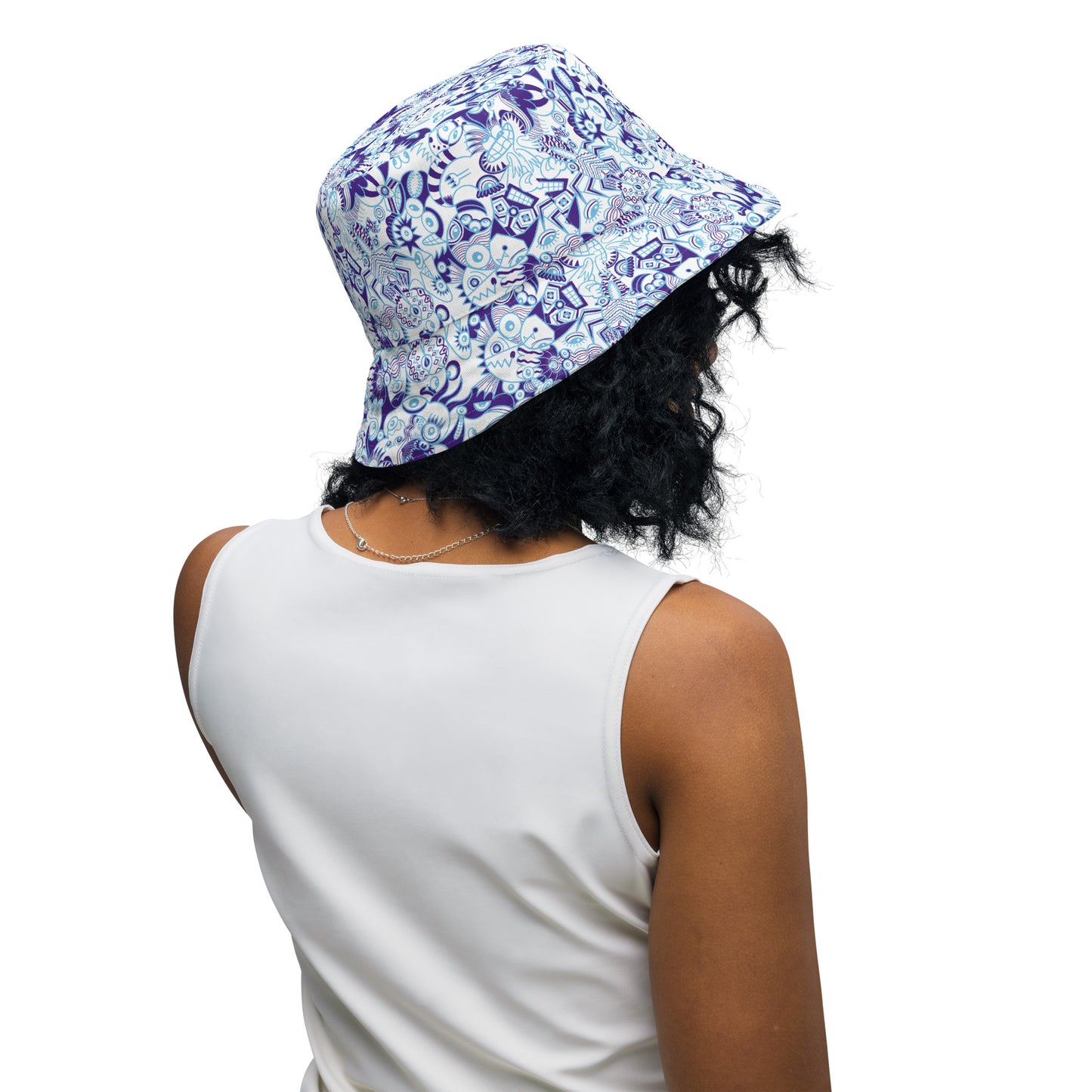 Whimsical Blue Doodle Critterscape pattern design Reversible bucket hat. Inside view