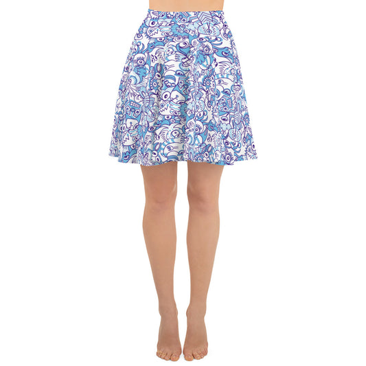 Whimsical Blue Doodle Critterscape pattern design Skater Skirt. Front view