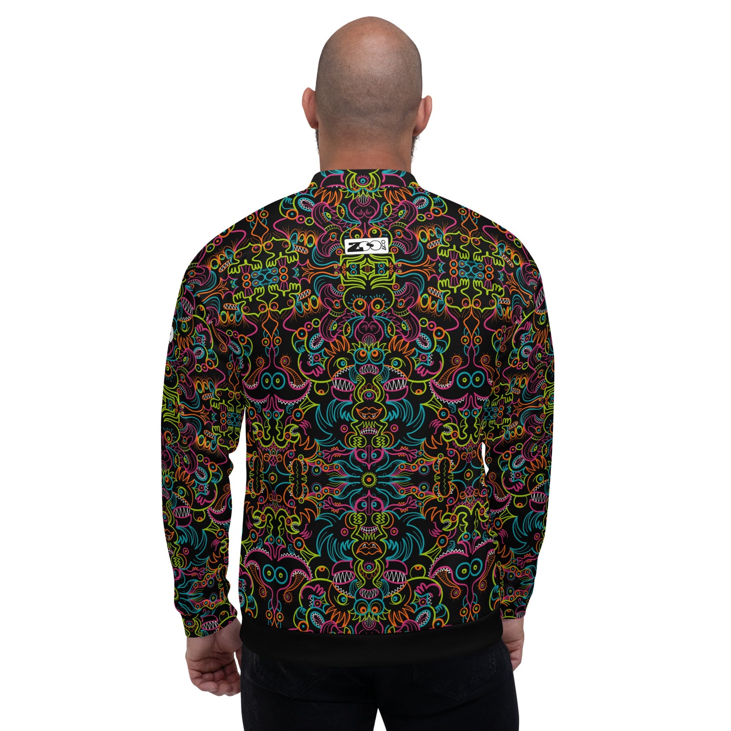 Doodle Carnival: A Kaleidoscope of Whimsical Wonders - Unisex Bomber Jacket. Back view