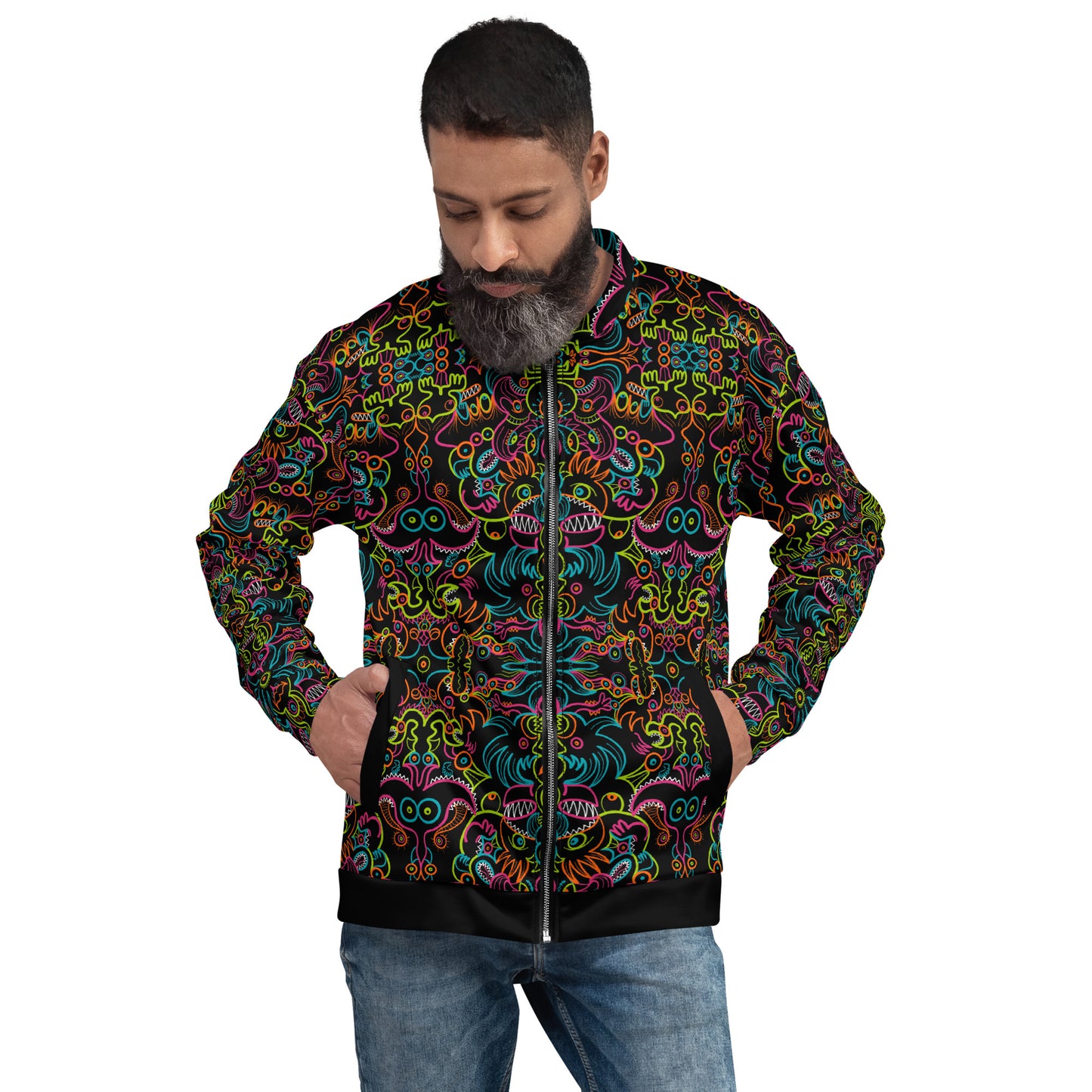 Doodle Carnival: A Kaleidoscope of Whimsical Wonders - Unisex Bomber Jacket. Front view