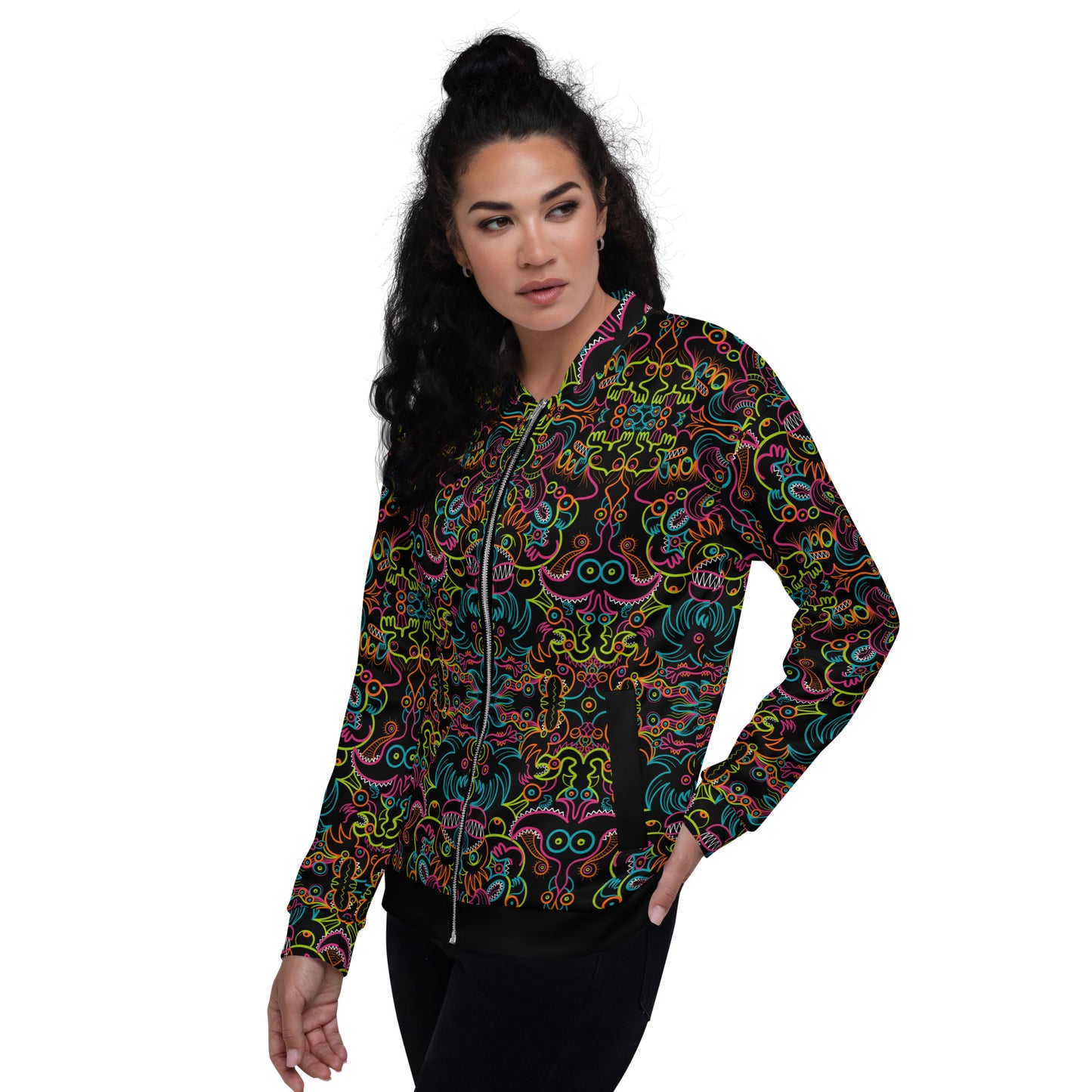 Doodle Carnival: A Kaleidoscope of Whimsical Wonders - Unisex Bomber Jacket. Overview