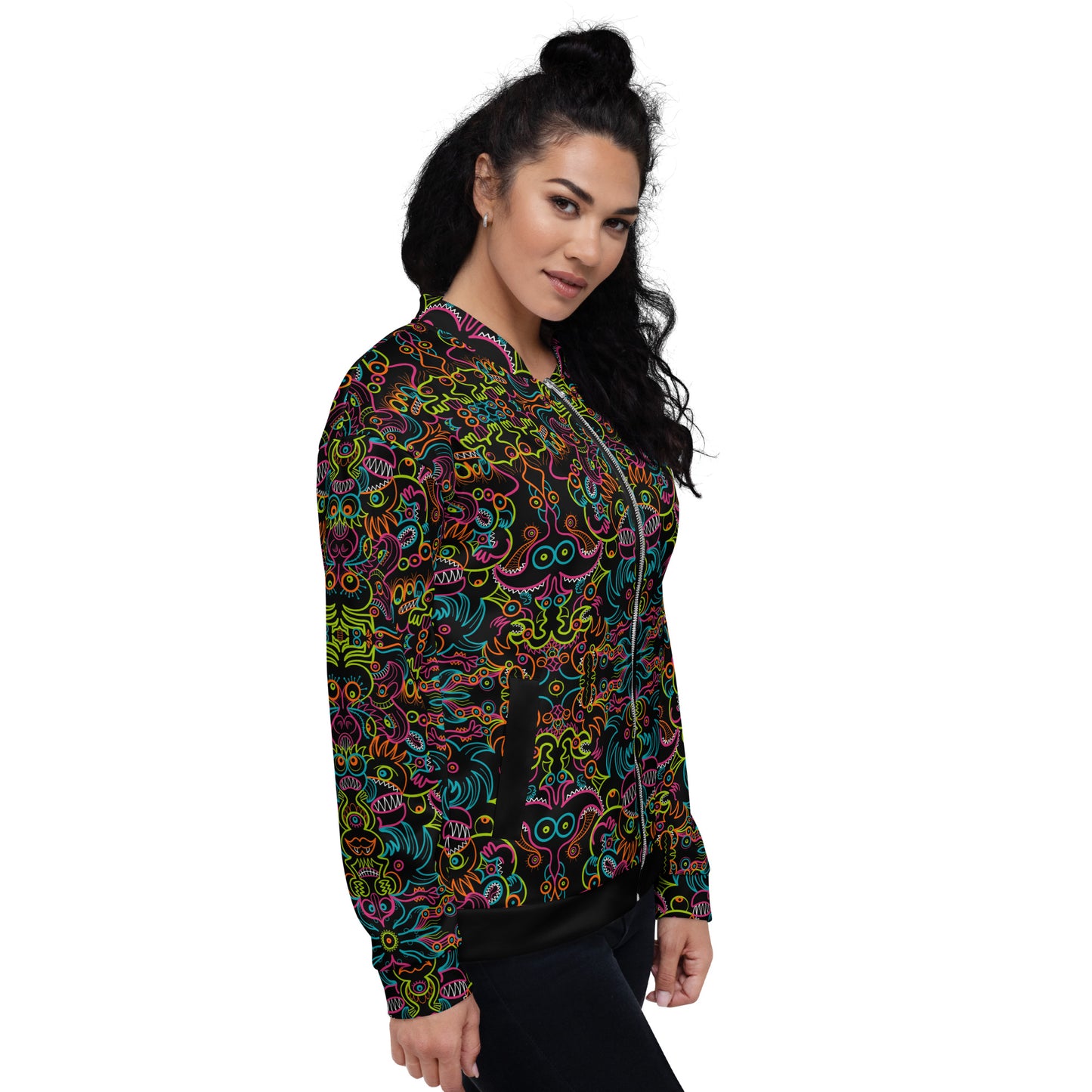 Doodle Carnival: A Kaleidoscope of Whimsical Wonders - Unisex Bomber Jacket. Side view