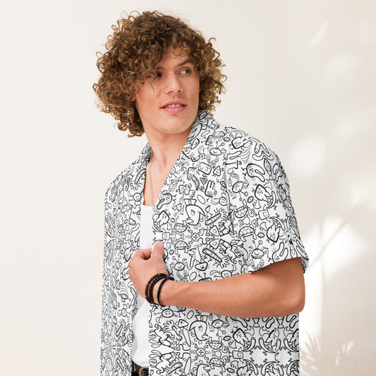 Cute doodles having great fun in a cool pattern - Unisex button shirt. Lifestyle