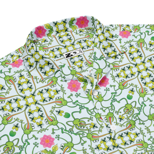 Funny Frogs Hunting Flies Mandala Unisex button shirt. Product details