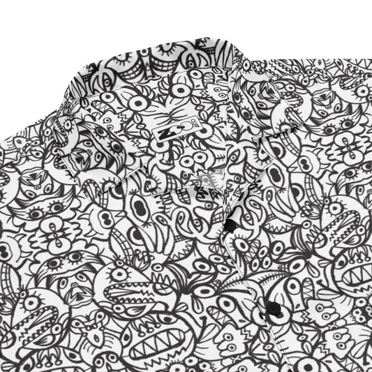 Brush style doodle critters Unisex button shirt. Product details