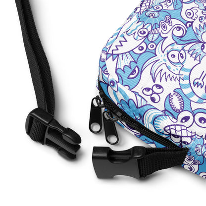 Whimsical Blue Doodle Critterscape pattern design - Utility crossbody bag. Product details