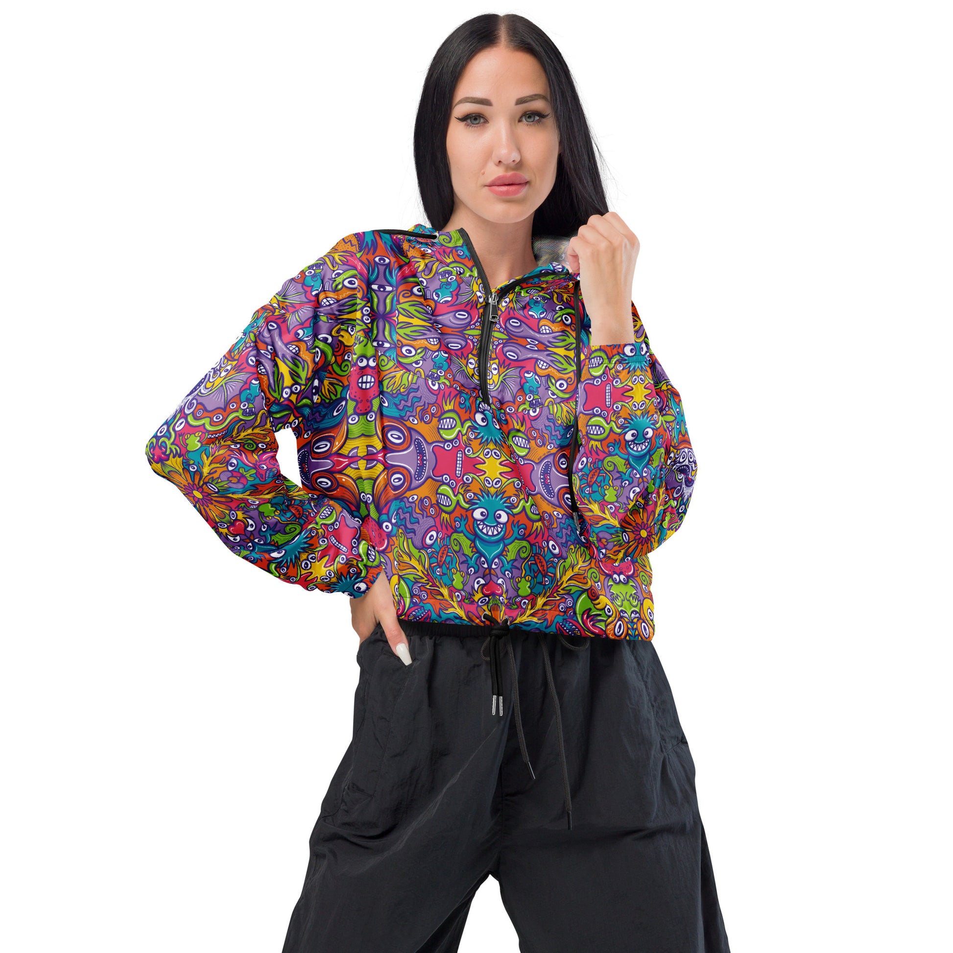 The Wizard's Dream: Shaping a New Generation of Doodle Creatures - Women’s cropped windbreaker. Front view