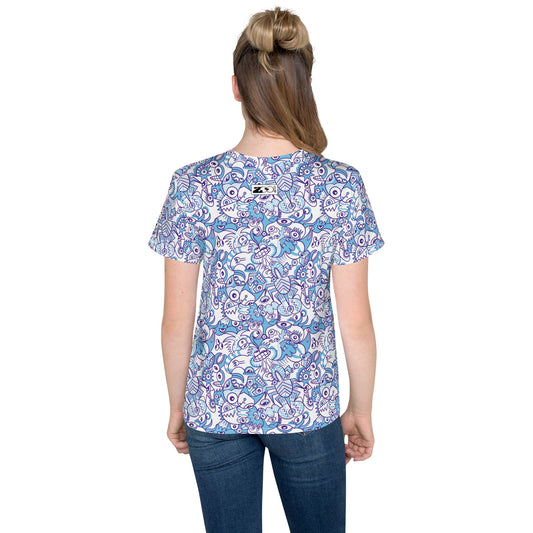 Whimsical Blue Doodle Critterscape pattern design - Youth crew neck t-shirt. Back view