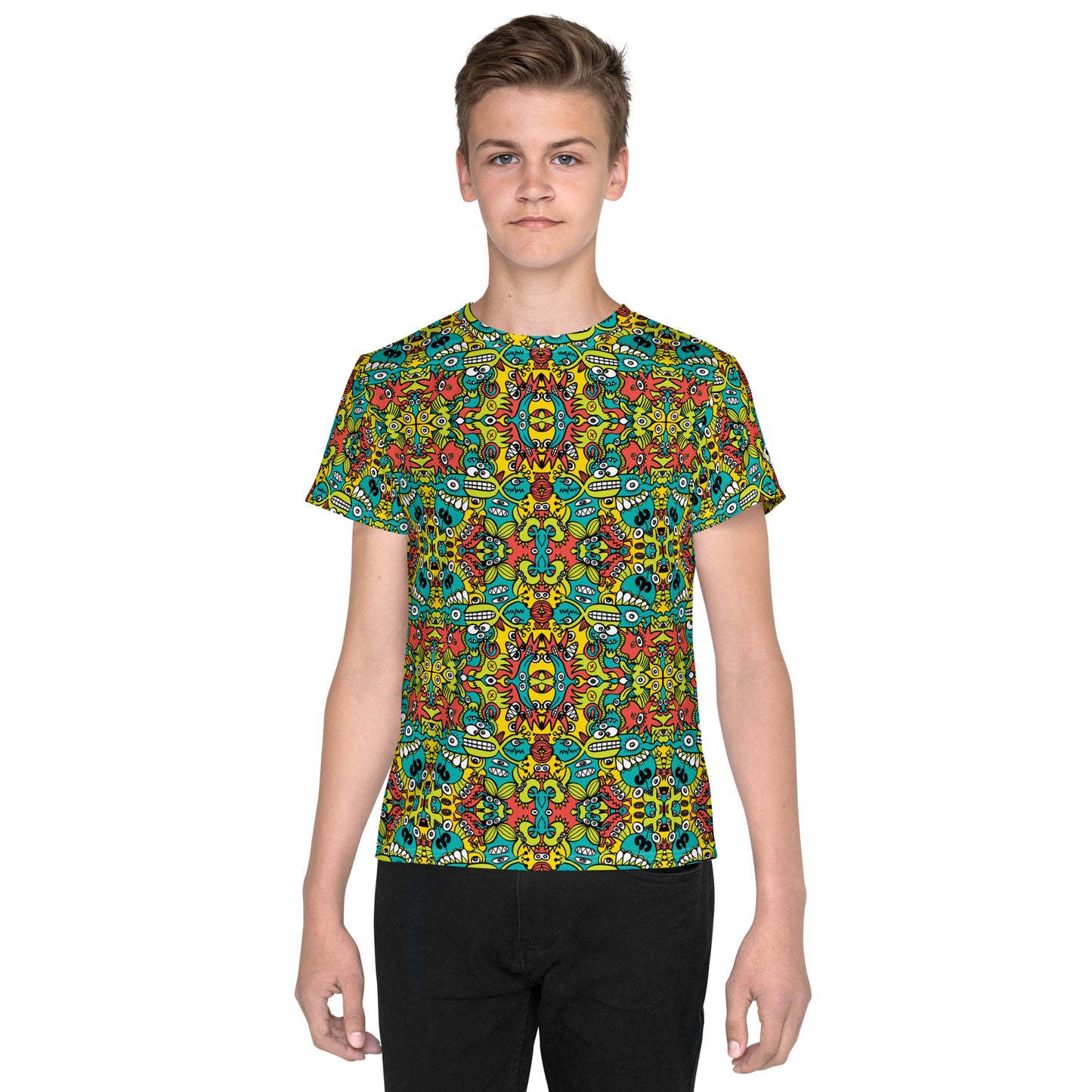 Doodle Dreamscape: Cosmic Critter Carnival - Youth crew neck t-shirt. Front view