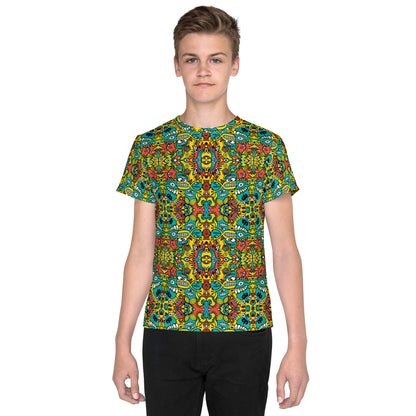 Doodle Dreamscape: Cosmic Critter Carnival - Youth crew neck t-shirt. Front view