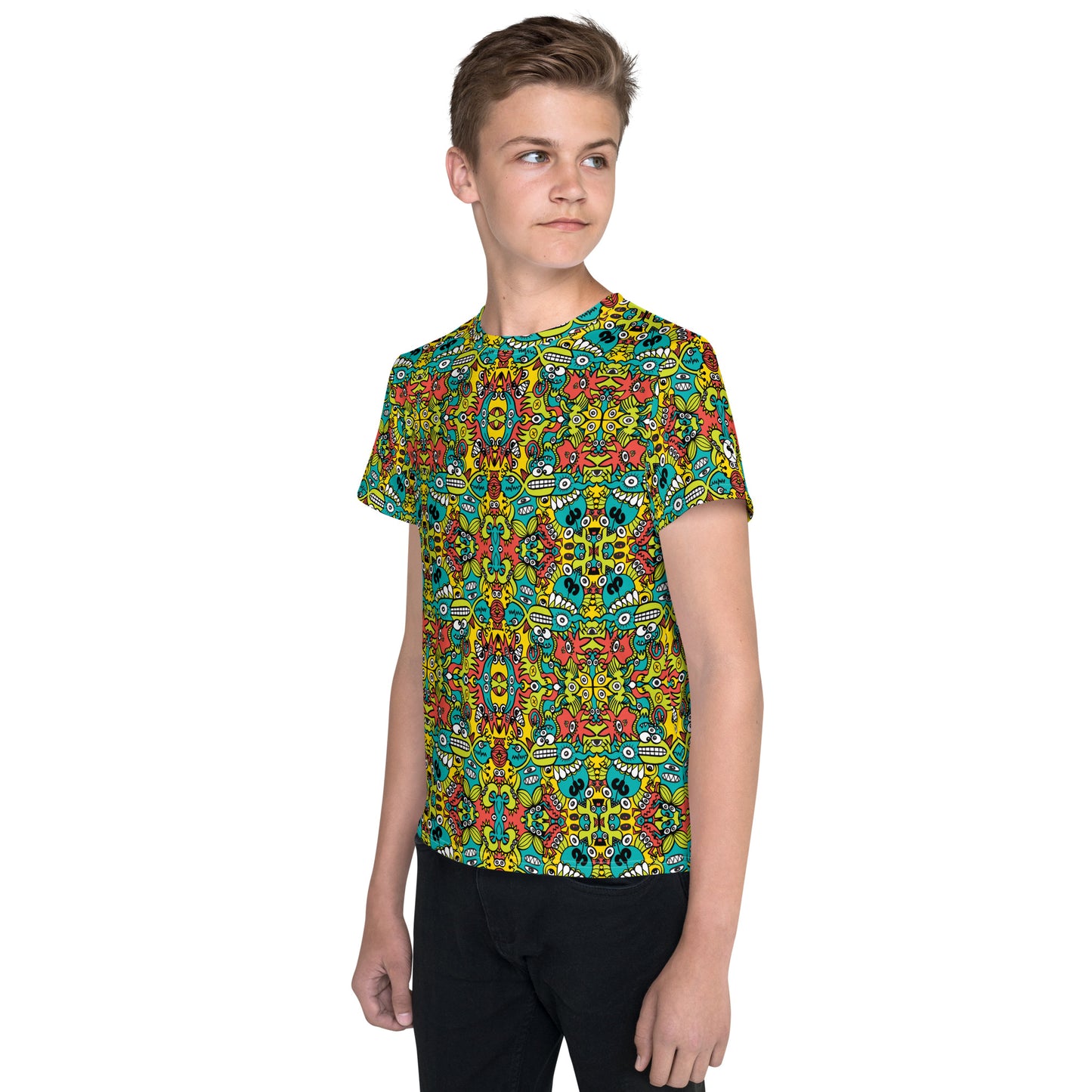Doodle Dreamscape: Cosmic Critter Carnival - Youth crew neck t-shirt. Side view