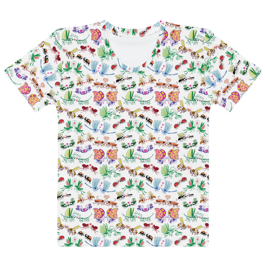 Cool insects madly in love women's cotton t-shirt, all-over print of hand-drawn insect couples with hearts, front view