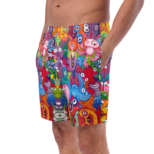 Doodle Folie Recycled Men’s Swim Trunks. Front view
