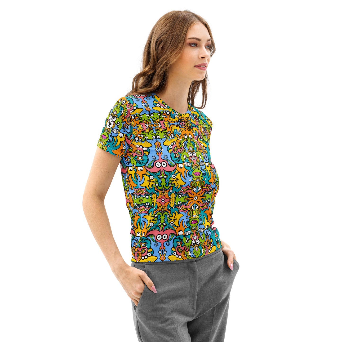 Enchantimals Fantasy Women’s Cotton Doodle Art T-Shirt. Woman side view